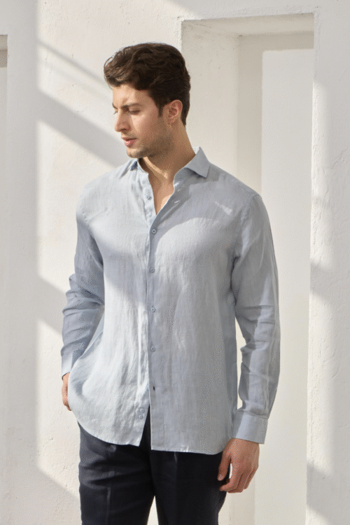 SKY BLUE 100% LINEN ITALIAN COLLAR SHIRT