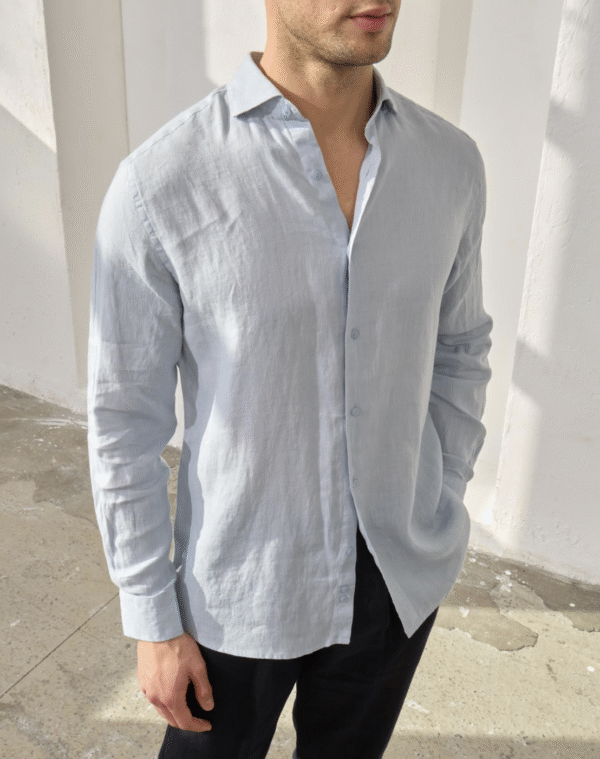 SKY BLUE 100% LINEN ITALIAN COLLAR SHIRT - Image 2
