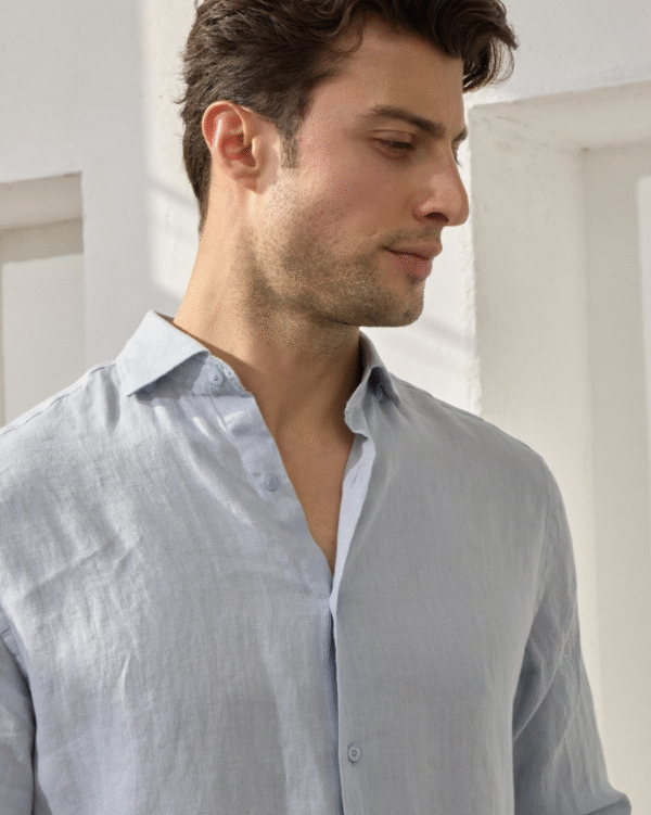 SKY BLUE 100% LINEN ITALIAN COLLAR SHIRT - Image 3