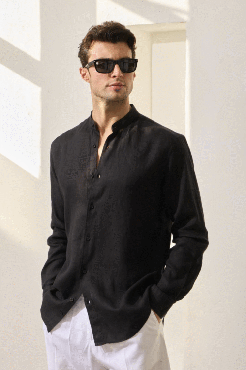 Black Mandarin Collar shirt, 100 % linen