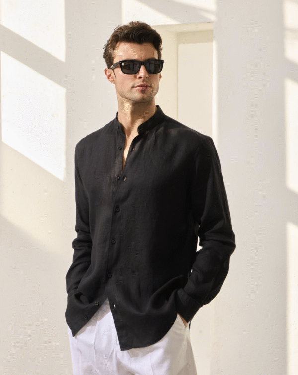 Black Mandarin Collar shirt, 100 % linen