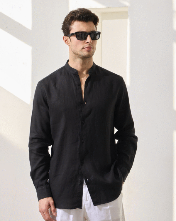 Black Mandarin Collar shirt, 100 % linen - Image 2