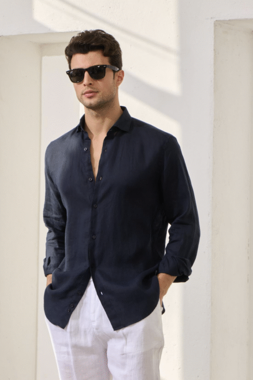 NAVY BLUE 100% LINEN ITALIAN COLLAR SHIRT