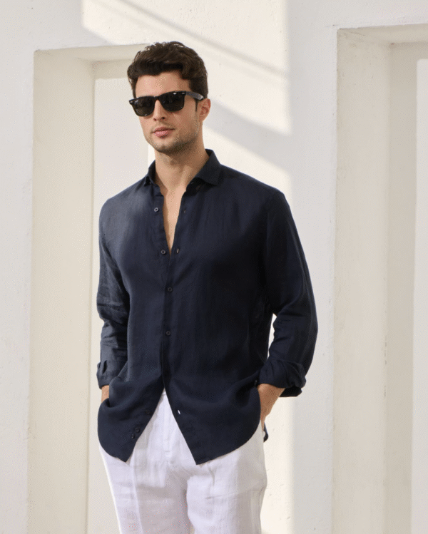 NAVY BLUE 100% LINEN ITALIAN COLLAR SHIRT