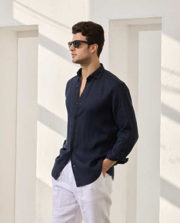 NAVY BLUE 100% LINEN ITALIAN COLLAR SHIRT - Image 2