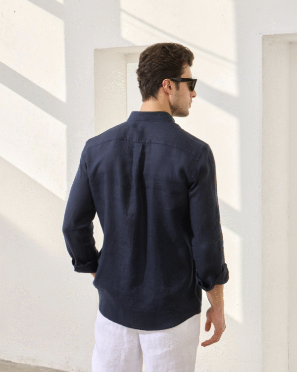 NAVY BLUE 100% LINEN ITALIAN COLLAR SHIRT - Image 4