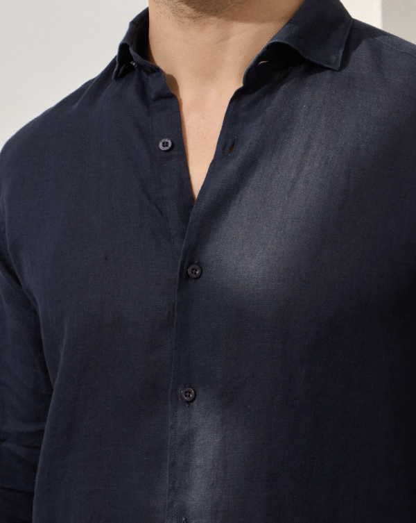 NAVY BLUE 100% LINEN ITALIAN COLLAR SHIRT - Image 5