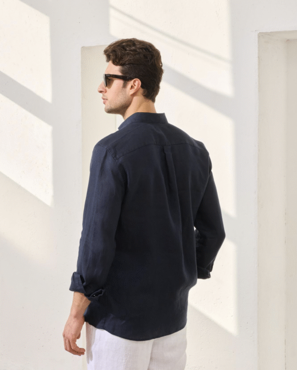 NAVY BLUE 100% LINEN ITALIAN COLLAR SHIRT - Image 6