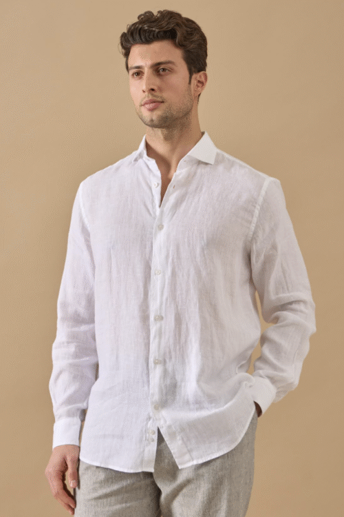 WHITE 100% LINEN ITALIAN COLLAR SHIRT