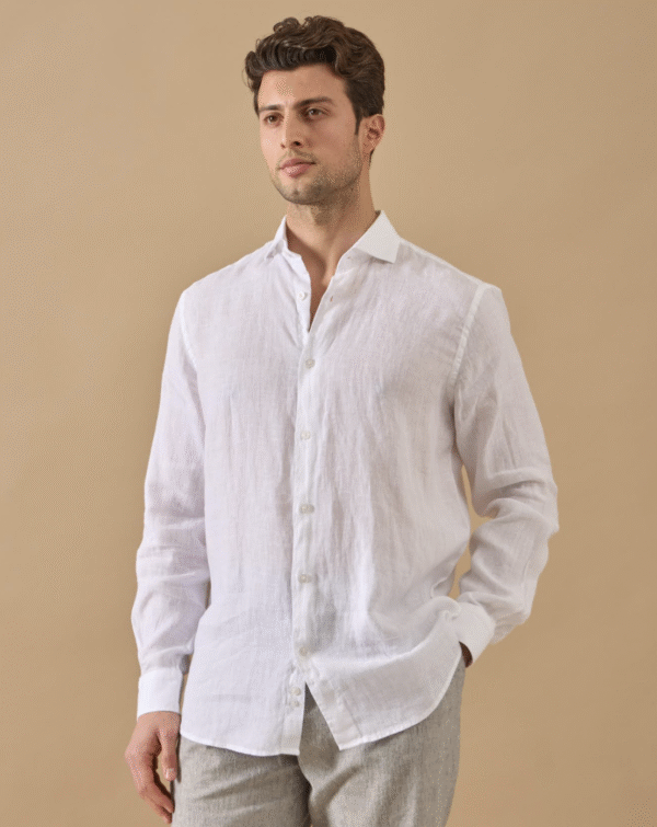 WHITE 100% LINEN ITALIAN COLLAR SHIRT