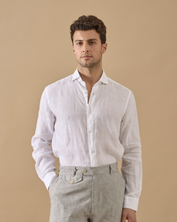 WHITE 100% LINEN ITALIAN COLLAR SHIRT - Image 6