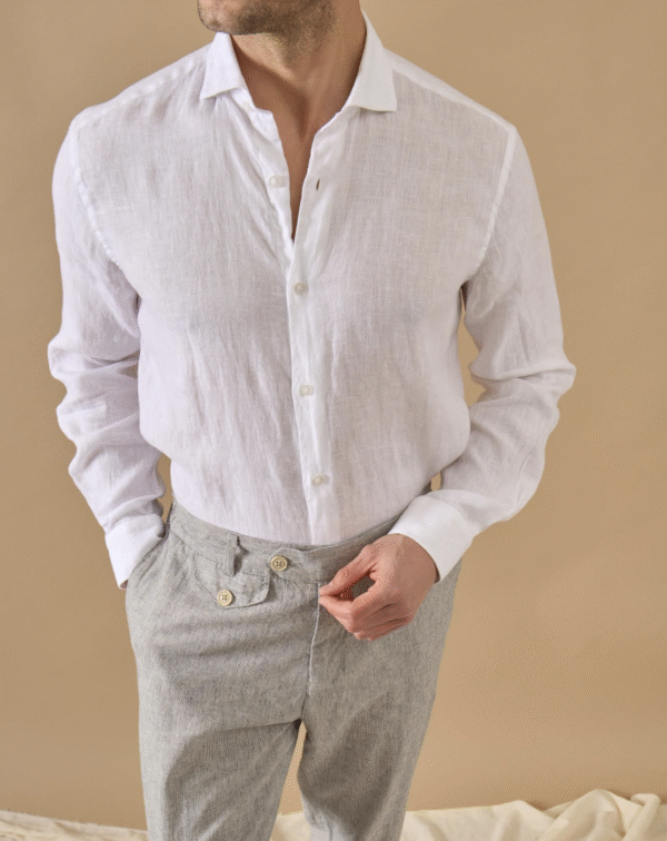 WHITE 100% LINEN ITALIAN COLLAR SHIRT - Image 9