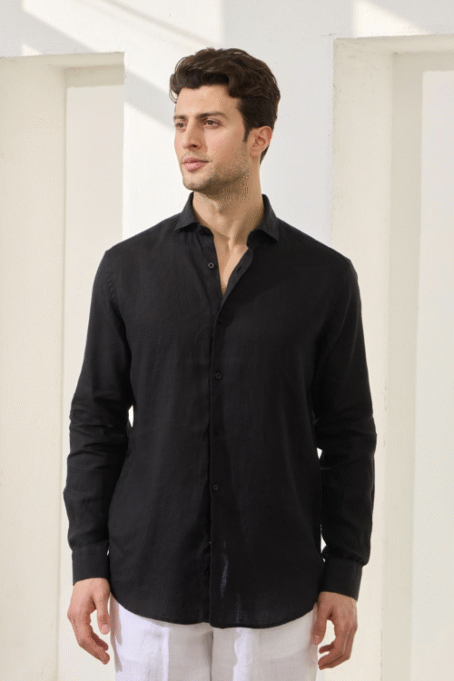 BLACK 100% LINEN ITALIAN COLLAR SHIRT