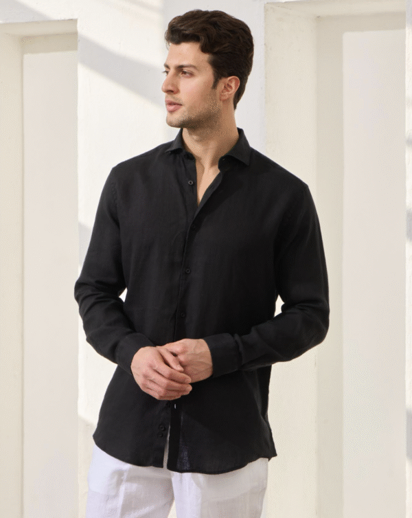 BLACK 100% LINEN ITALIAN COLLAR SHIRT - Image 2