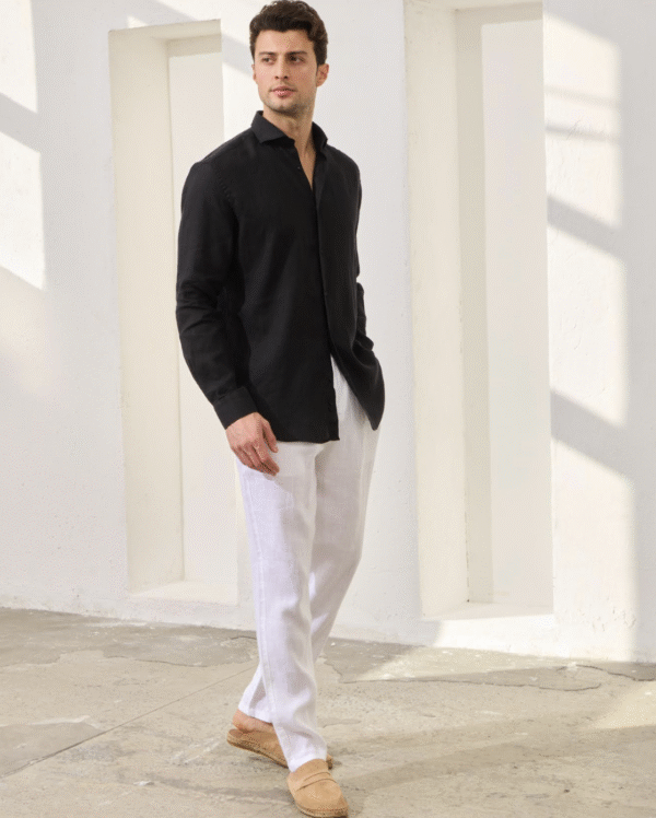 BLACK 100% LINEN ITALIAN COLLAR SHIRT - Image 3
