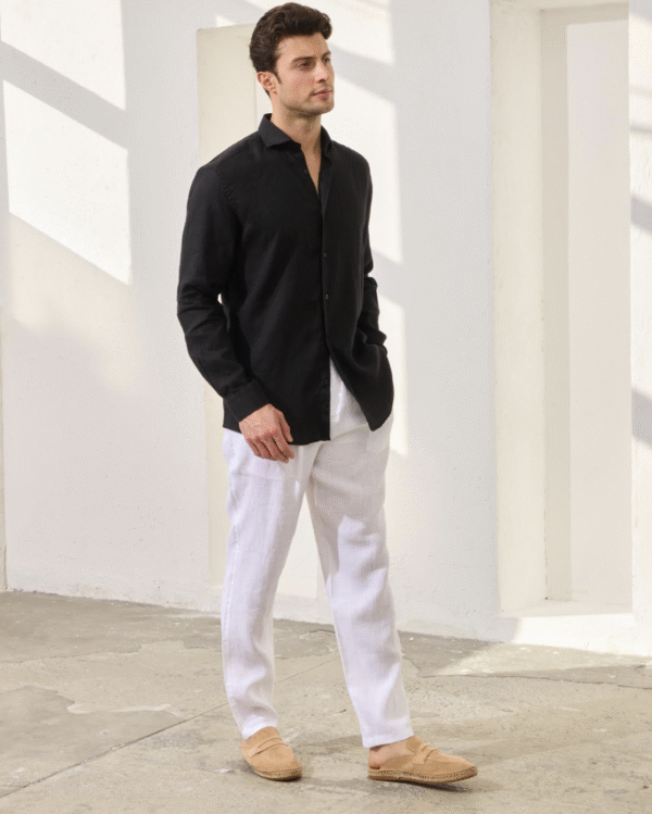 BLACK 100% LINEN ITALIAN COLLAR SHIRT - Image 4